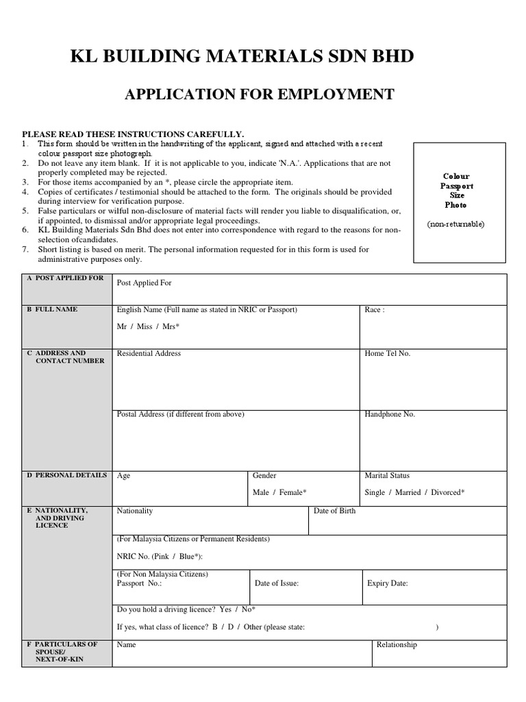KL Building Materials Job Application Form | PDF