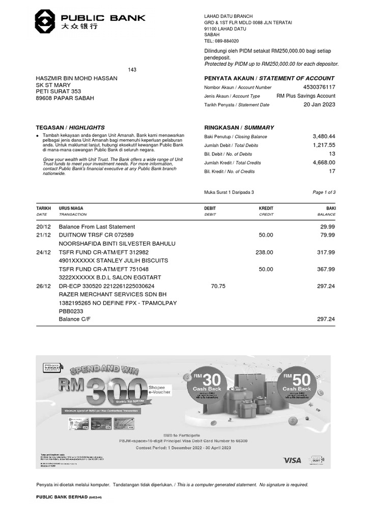 LAHAD DATU BRANCH BANK STATEMENT | PDF | Debits And Credits | Money