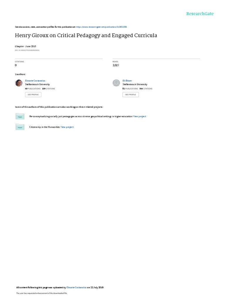 Henry Giroux On Critical Pedagogy and Engaged Curriculum PDF