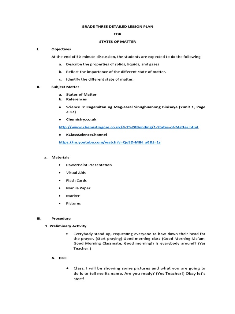 Part 3 Grade Three Detailed Lesson Plan Pdf Gases Liquids