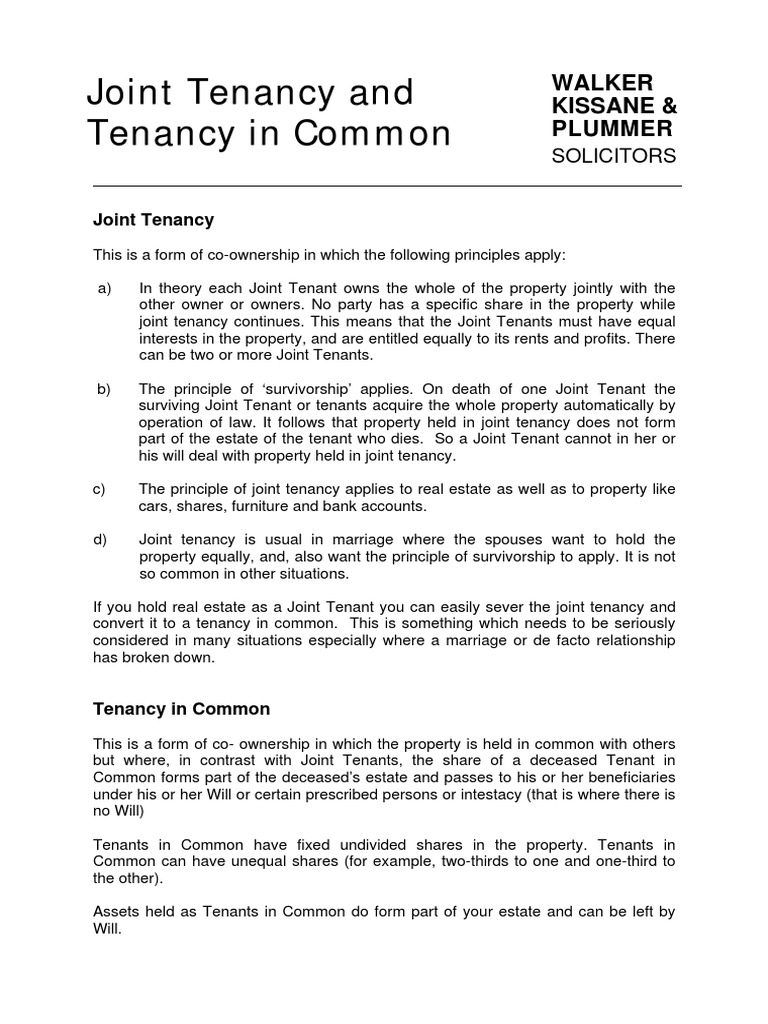 Joint Tenancy vs. Tenancy in Common Guide | PDF | Concurrent Estate ...