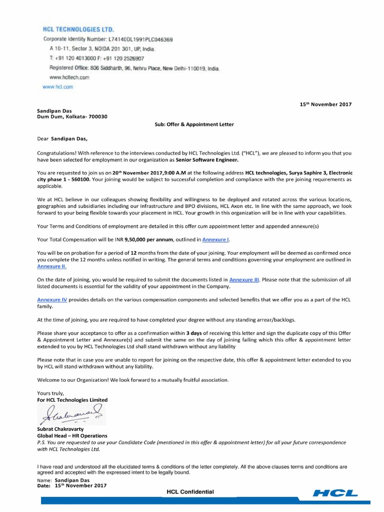 HCL Offer Letter PDF