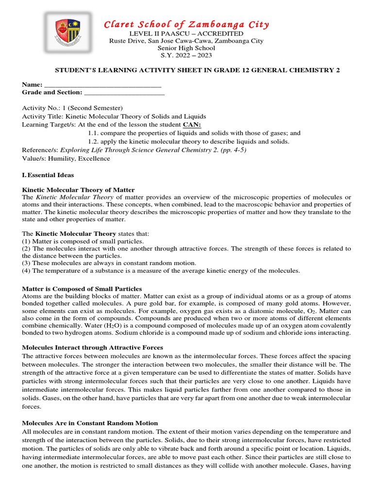 Kinetic Molecular Theory of Solid | PDF | Molecules | Intermolecular Force