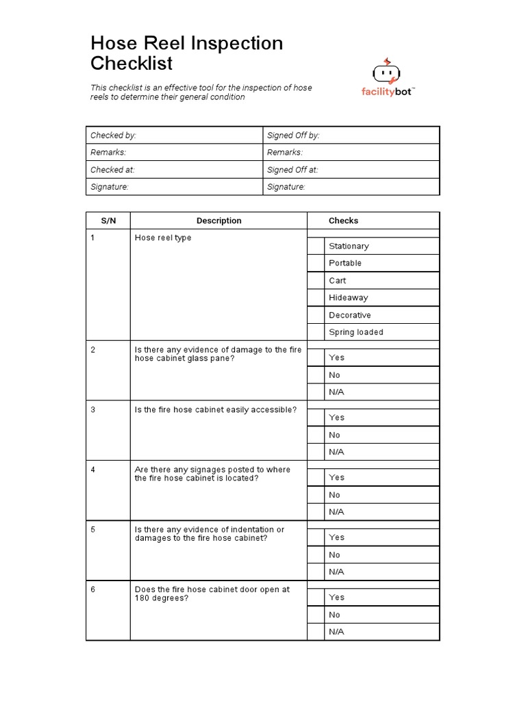 Hose Reel Inspection Checklist PDF Manufactured Goods Equipment