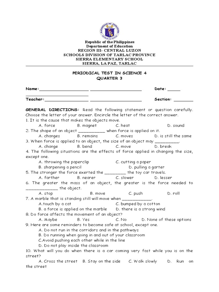 Force and Motion in Science 4 Test | PDF | Light | Reflection (Physics)