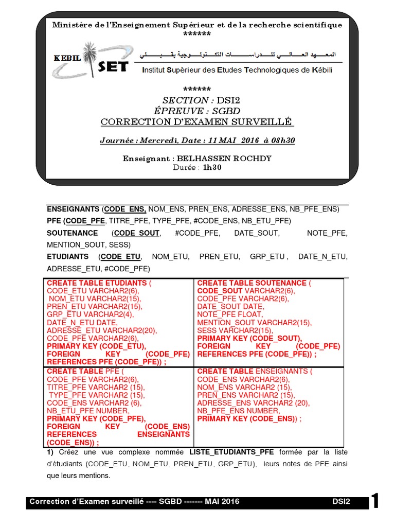 Correction Examen SGBD Mai 2016 | PDF | SQL | PL/SQL
