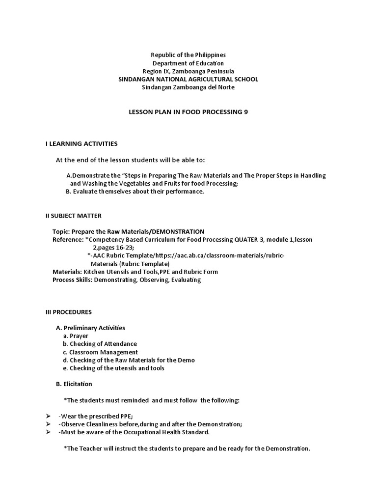 Lesson Plan in Food Processing DEMONSTRATION Deelesson 2 | PDF ...