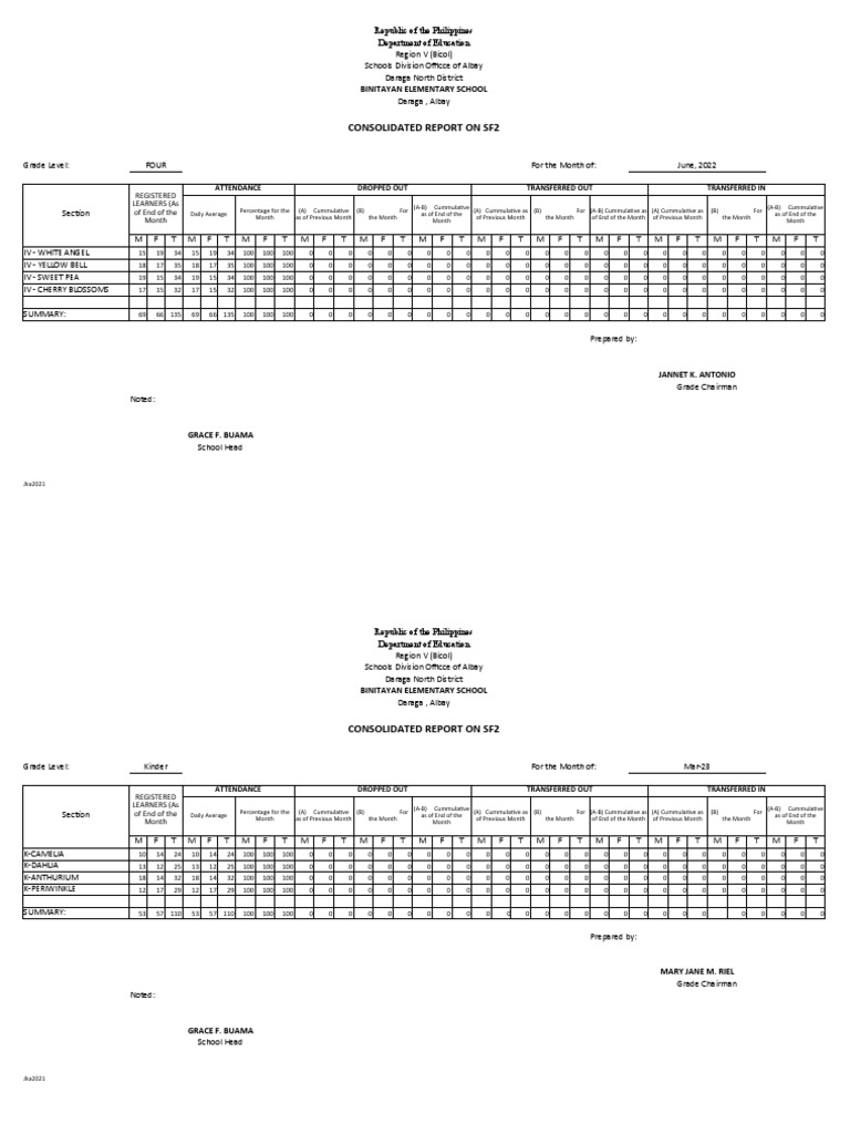 June 2022 SF2 Report: Grade 4 & Kinder | PDF
