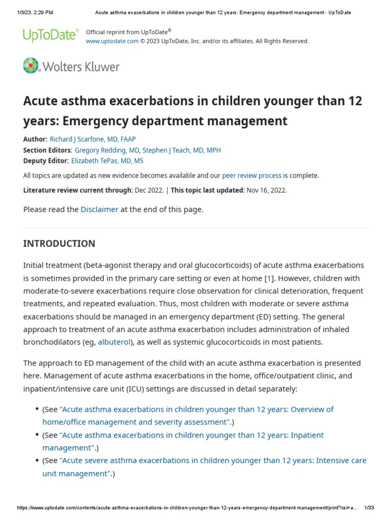 Acute Asthma Exacerbations in Children Younger Than 12 Years Emergency Department Management