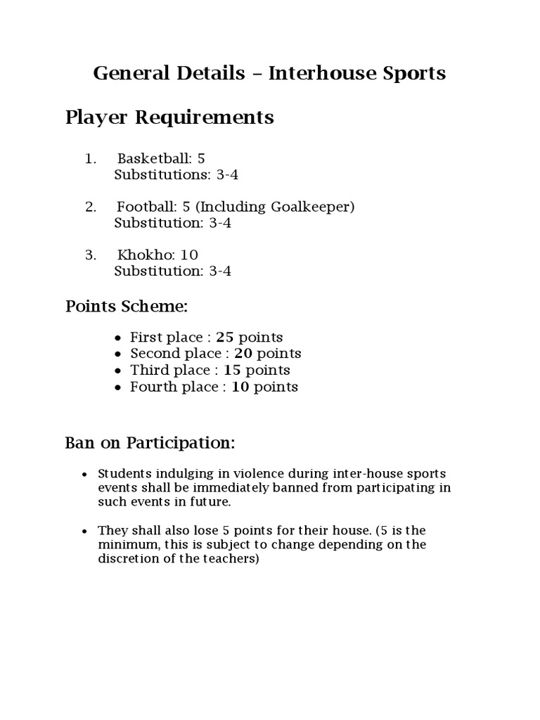 Interhouse Sports Player Requirements | PDF