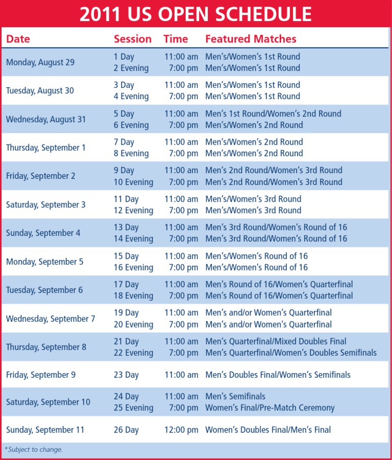 2011 US Open Schedule PDF