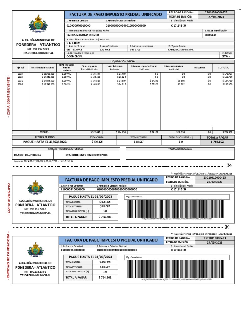 Recibo de pago del impuesto predial unificado para el año 2023 en ...