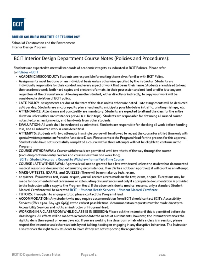 BCIT Interior Design Department Course Policies 2021 PDF Quiz