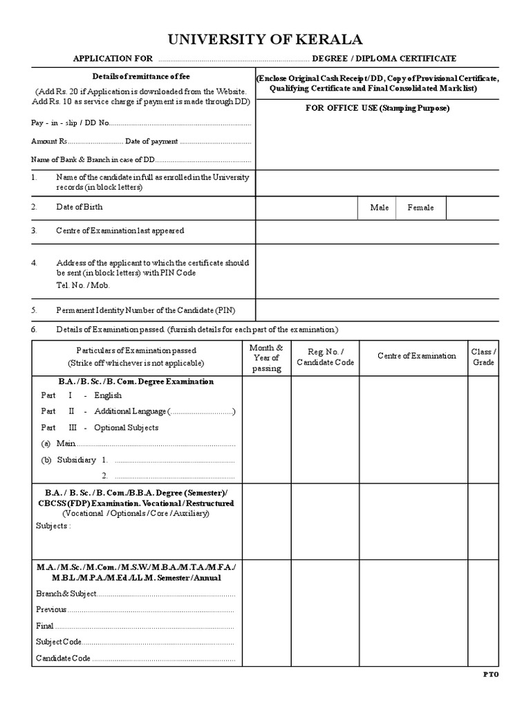 Kerala University Degree/Diploma Application | PDF | Academic Degree ...