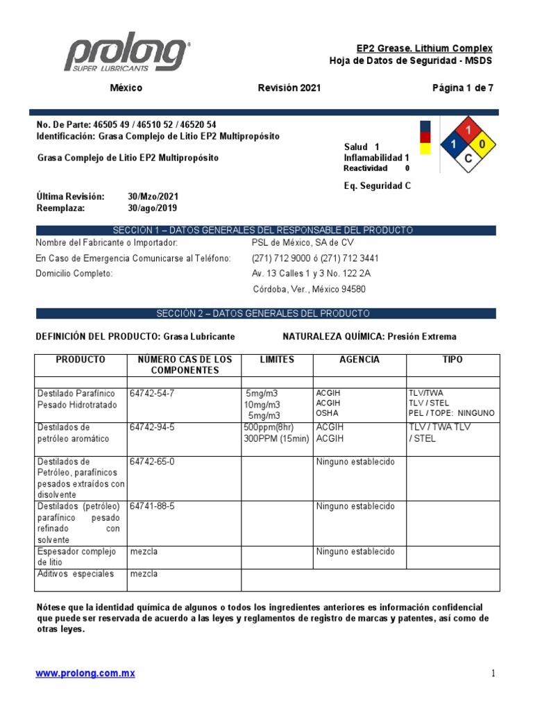 EP2 Grease. Lithium Complex Hoja de Datos de Seguridad MSDS México