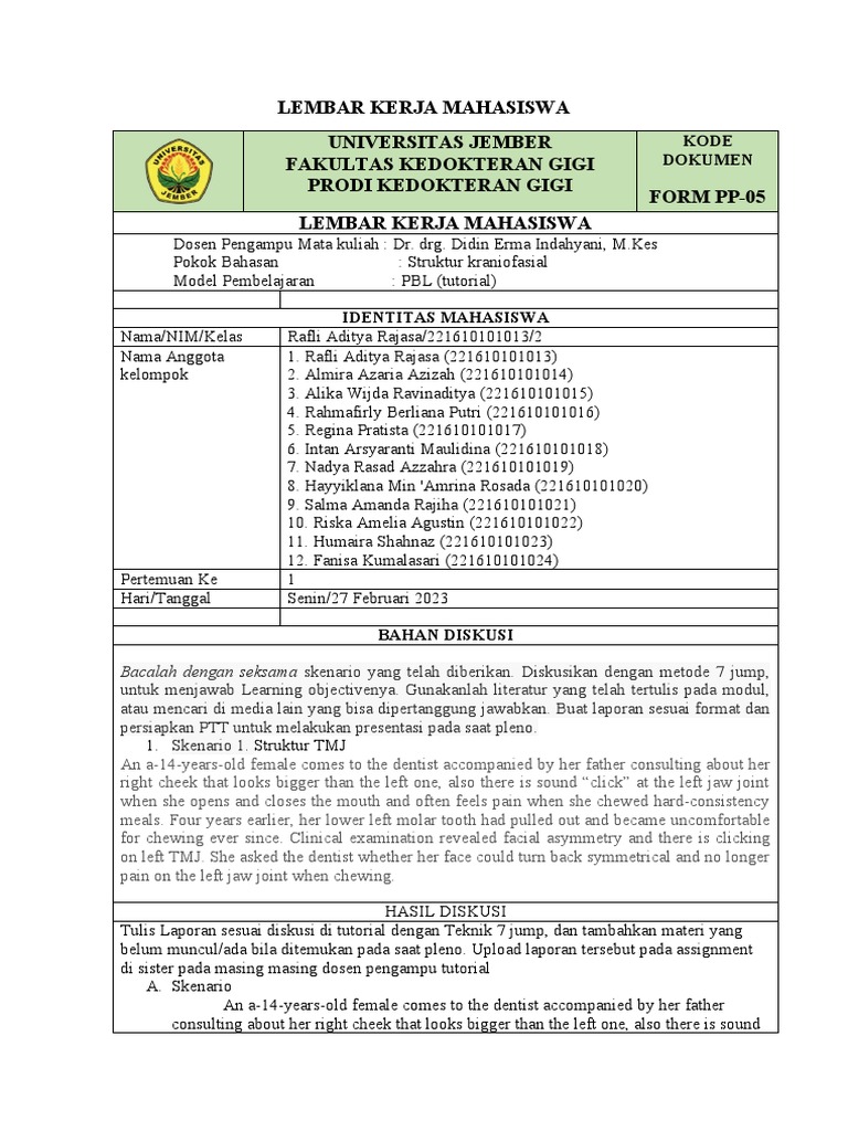 Lembar Kerja Mahasiswa Kedokteran Gigi | PDF | Dentistry Branches | Anatomy