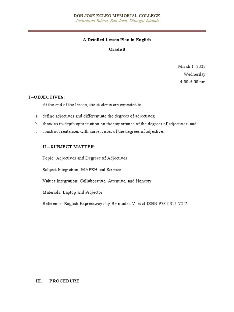 Grade 8 Lesson Plan: Adjectives Overview | PDF | Adjective | Part Of Speech