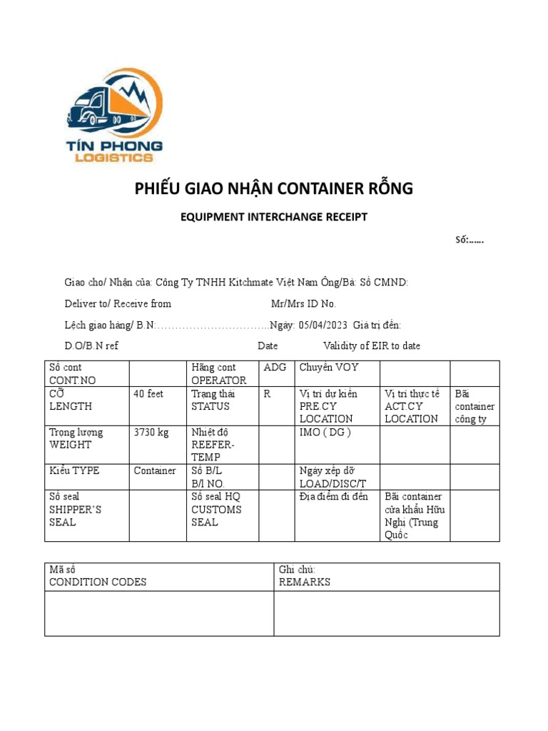 PHIẾU GIAO NHẬN CONTAINER RỖNG | PDF