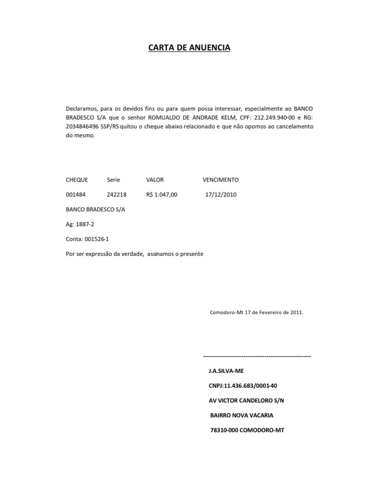 Carta de Anuencia Bancos Serviços financeiros