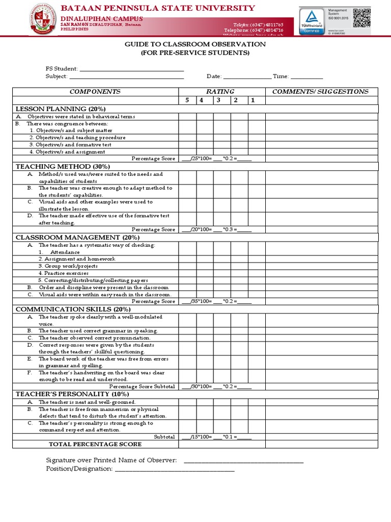 Class Observation Guide Tool 1 | PDF | Teachers | Classroom