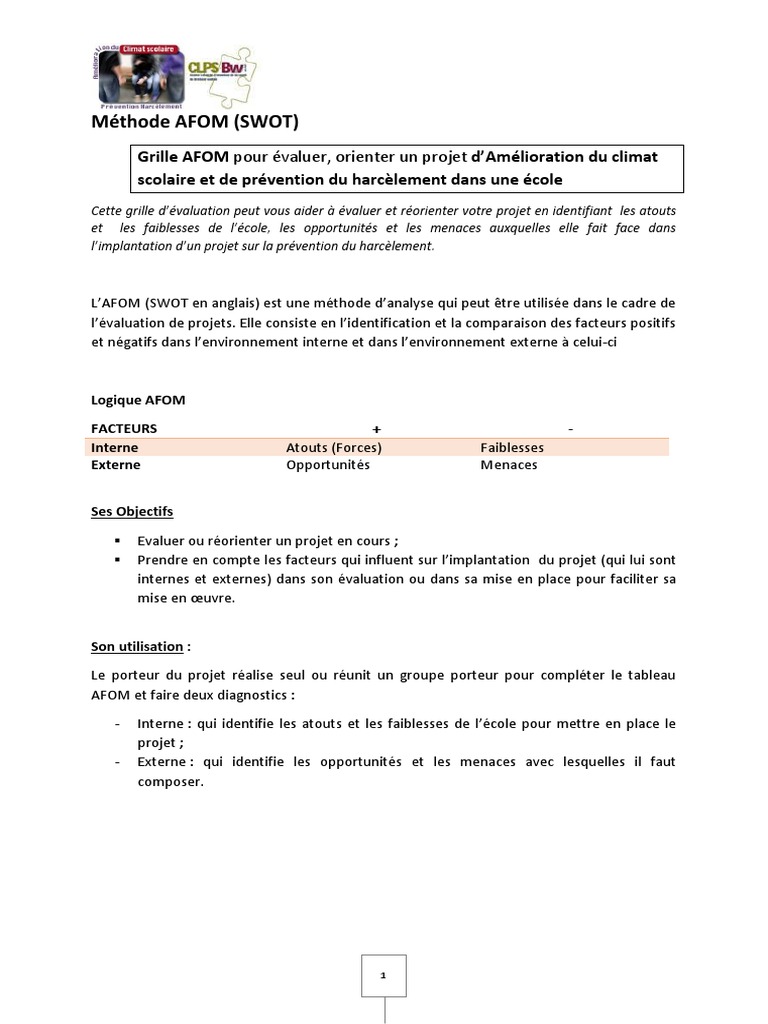 Évaluation AFOM pour Projet Scolaire | PDF | Analyse SWOT | Business