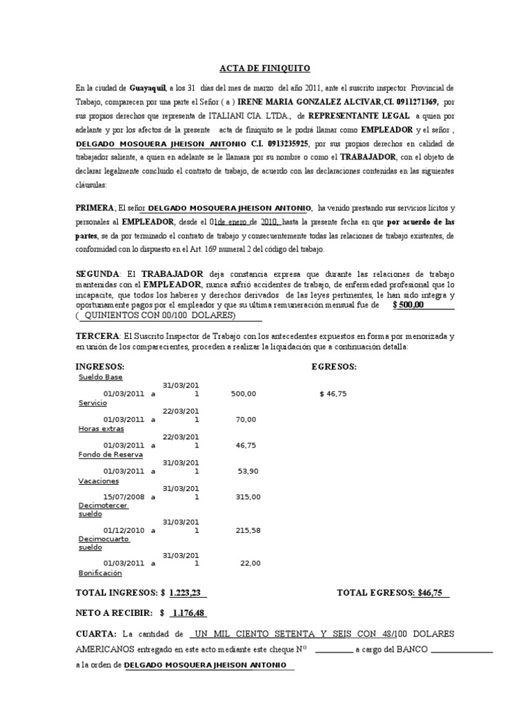 Modelo Acta De Finiquito Italiani 3 Cheque Salario