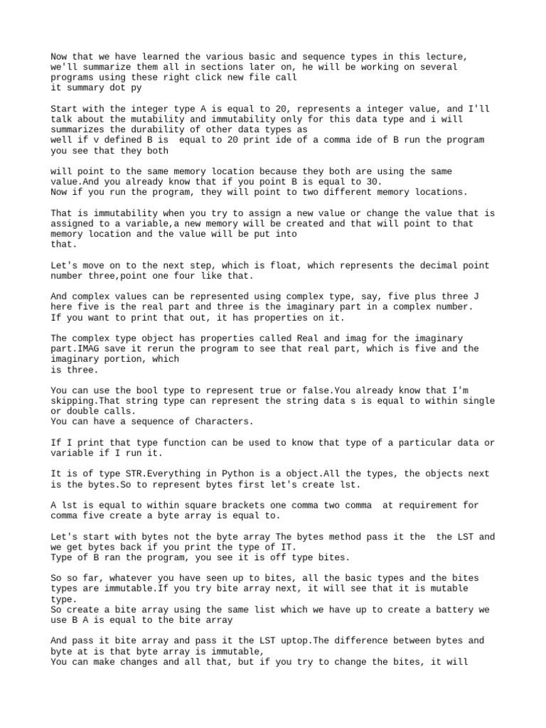 Summary of Python's Basic and Sequence Data Types Integers, Floats