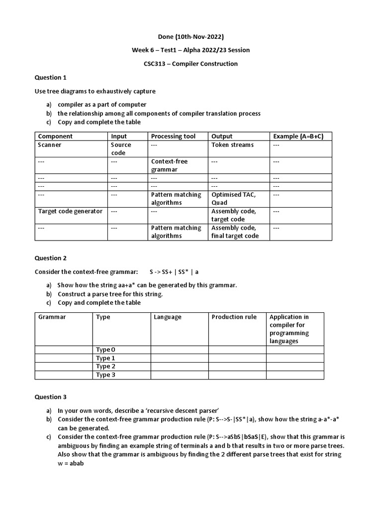 Compiler Construction Exam Questions | PDF | Parsing | Computer Science