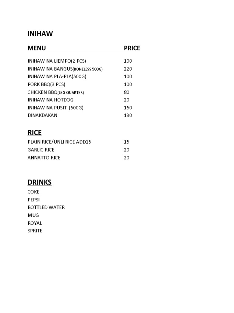Inihaw Menu Price PDF