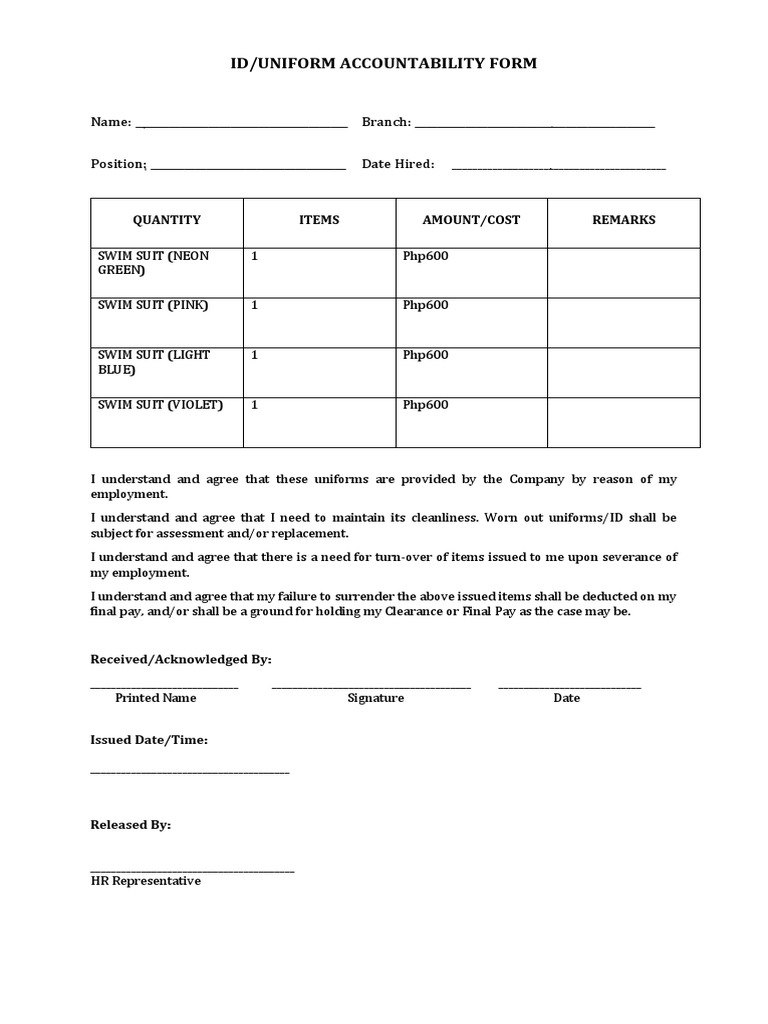 Employee Uniform Accountability Form | PDF | Career & Growth