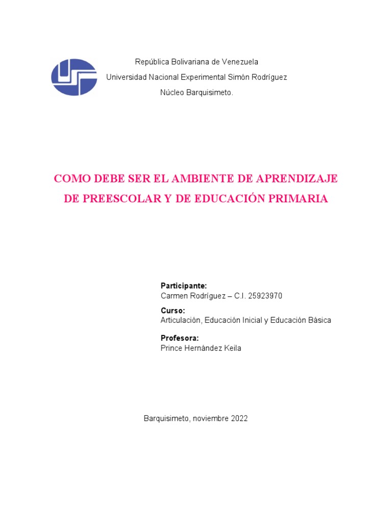 Ambientes de Aprendizaje en Preescolar | PDF | Educación de la primera ...