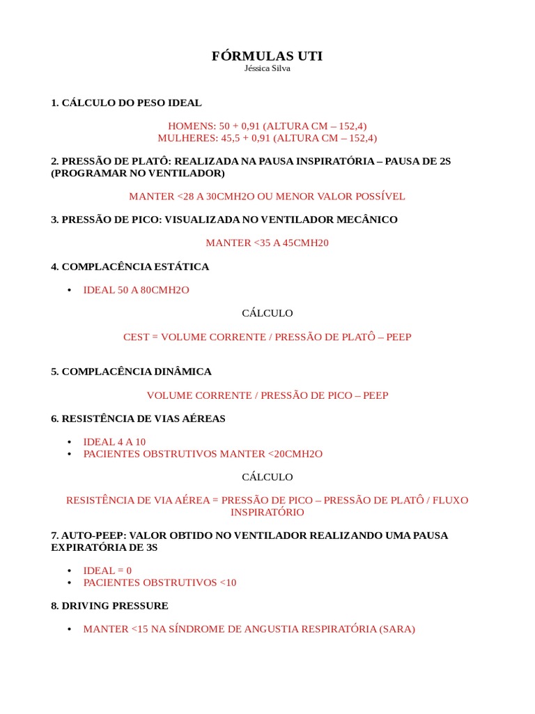 Fórmulas de Ventilação Mecânica UTI | PDF