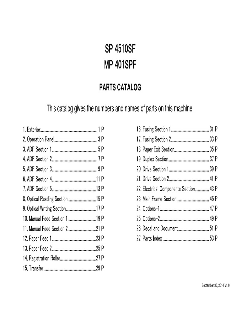SP 4510SF MP 401SPF: This Catalog Gives The Numbers and Names of Parts ...