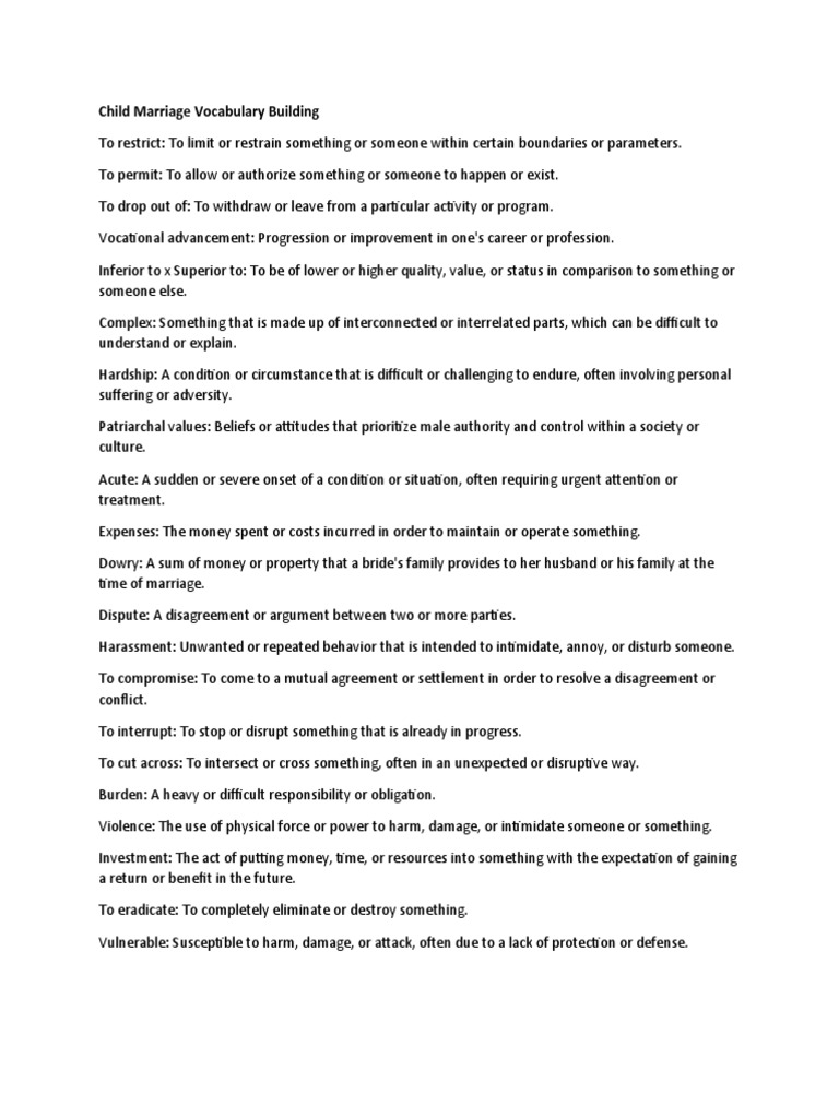 Child Marriage Vocabulary Guide | PDF