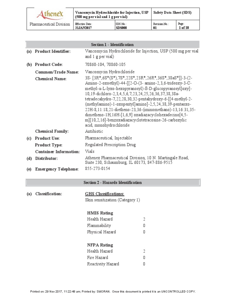 Vancomycin SDS | PDF | Dangerous Goods | Occupational Safety And Health