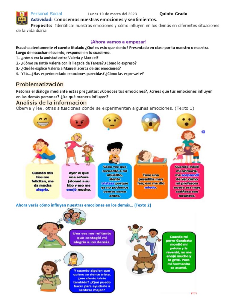 Conociendo nuestras emociones en 5to grado | PDF | Las emociones ...