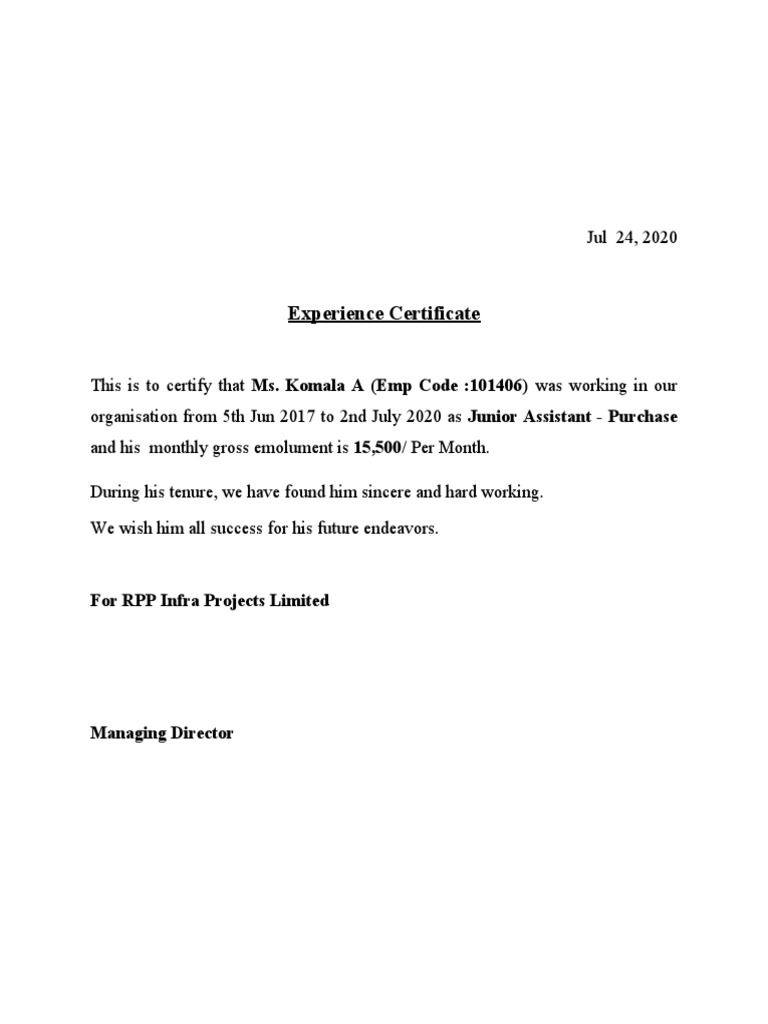 Experience certificate for rpp infra projects limited pdf