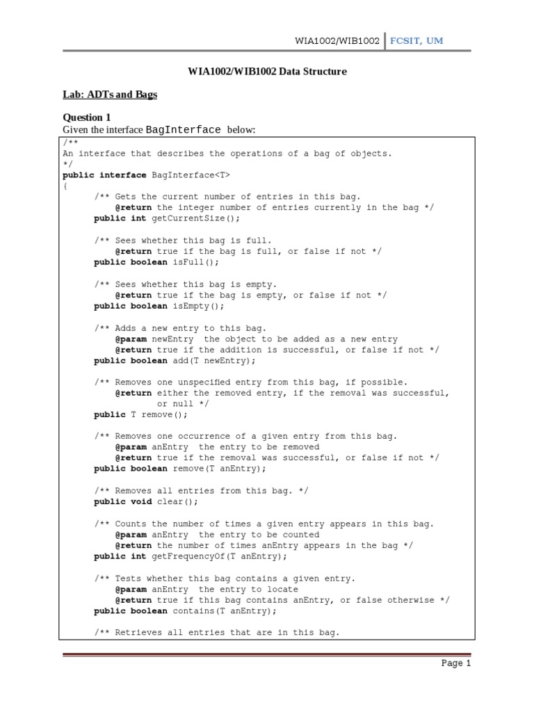 Bag Data Structure Implementation Guide | PDF | Method (Computer ...