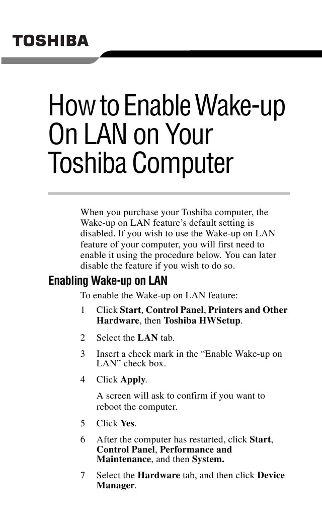 Enable Wake-up on LAN on Toshiba | PDF