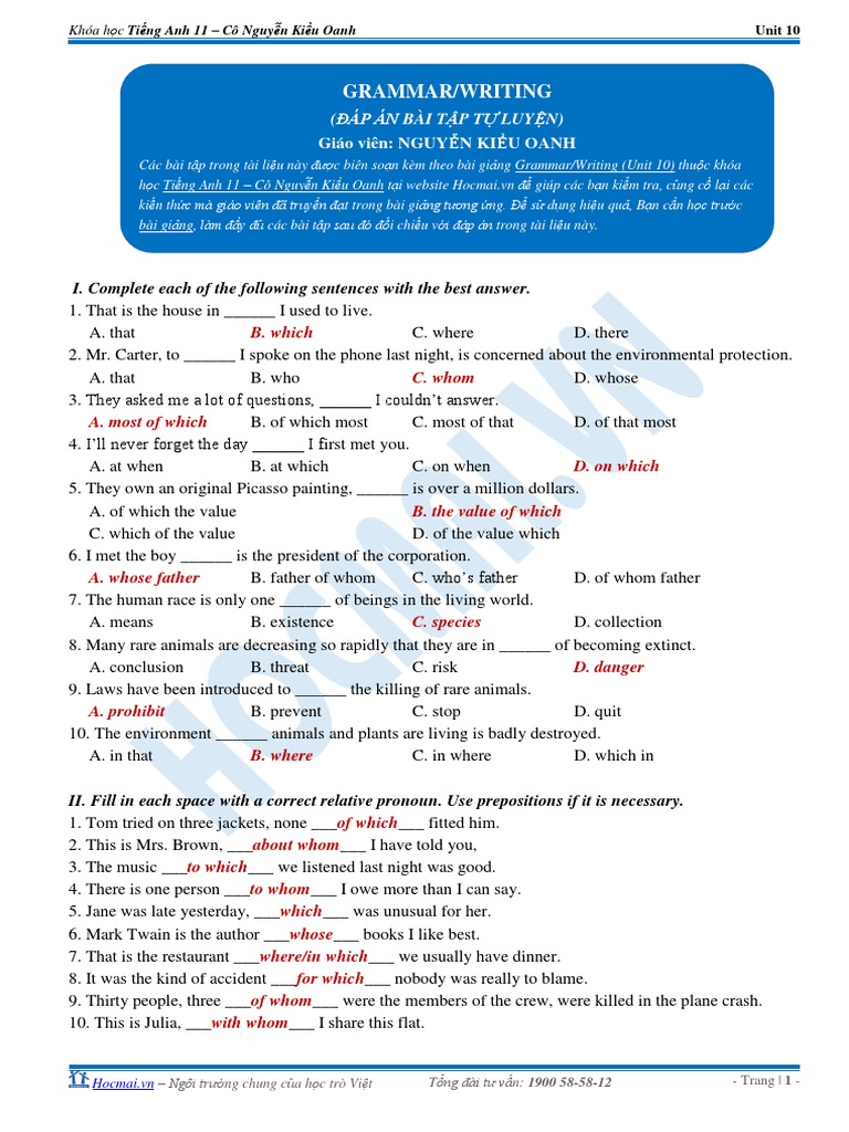 Grammar/Writing: I. Complete Each of The Following Sentences With The ...