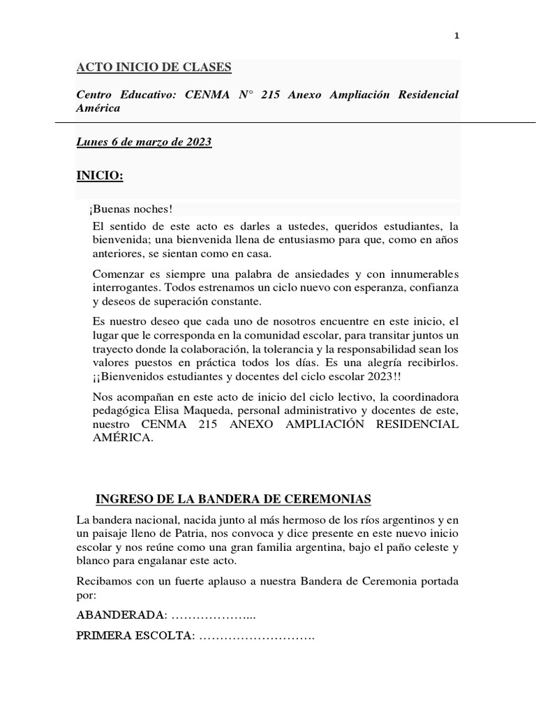 Acto Inicio de Clases | Descargar gratis PDF | Aprendizaje | Enseñando
