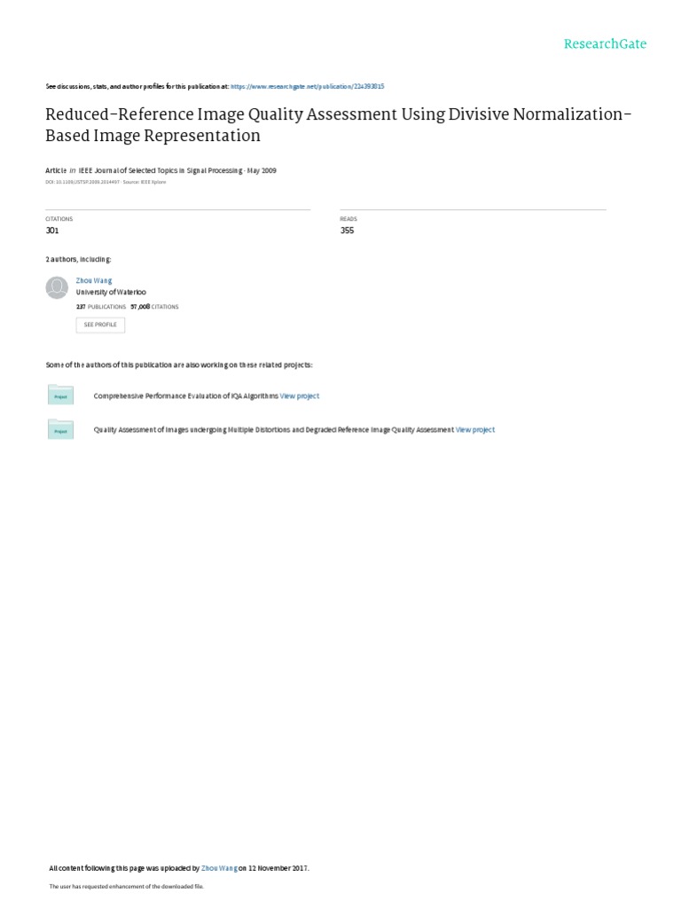Reduced-Reference Image Quality Assessment Using D | PDF | Wavelet ...