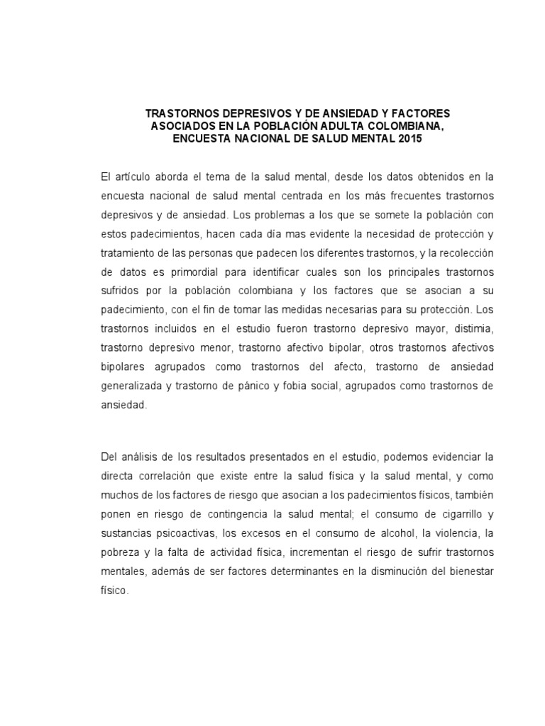 Salud Mental en Colombia 2015: Trastornos y Factores | PDF | Trastorno ...