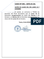 COMUNICADO 046 RECUPERACION DE CLASES EL LUNES 19 Y EL MARTES 20