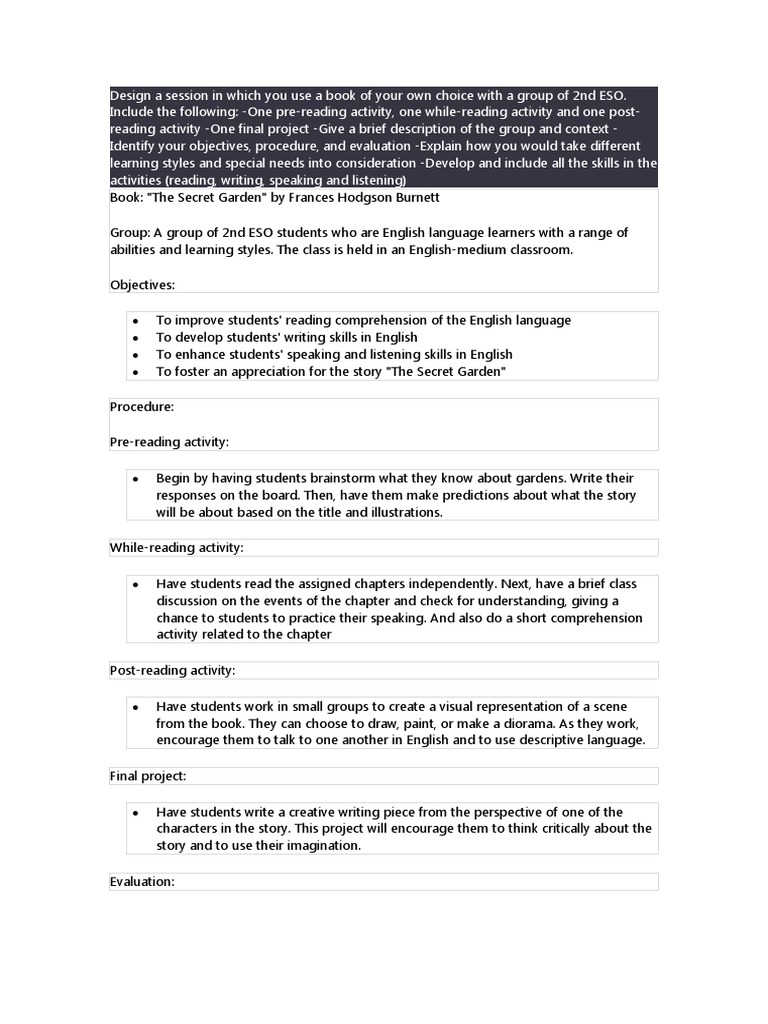 Design a session in which you use a book of your own choice with a