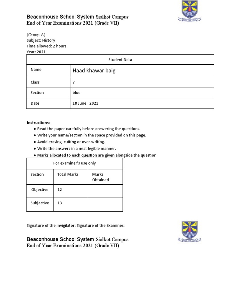 Haad Khawar Baig Beaconhouse School System Sialkot Campus End of Year Examinations 2021 (Grade