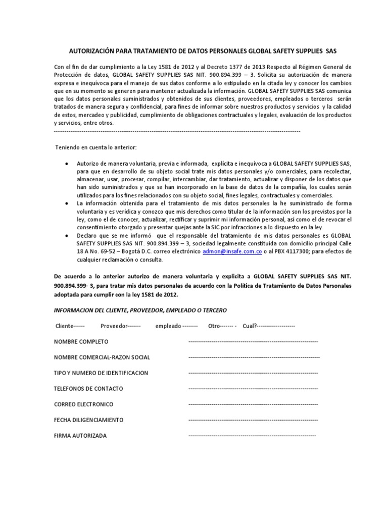 Autorización para Tratamiento de Datos Personales Global Safety