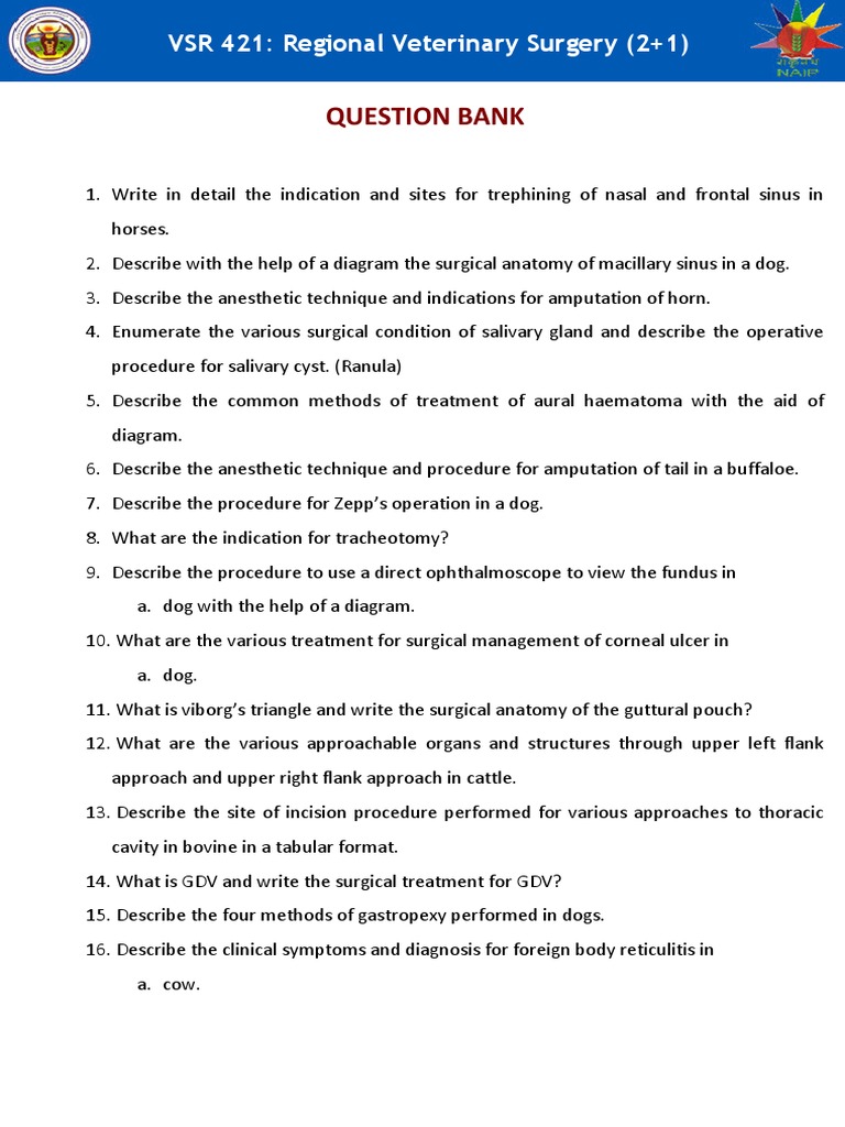 Question Bank VSR 421 Regional Veterinary Surgery (2+1) PDF