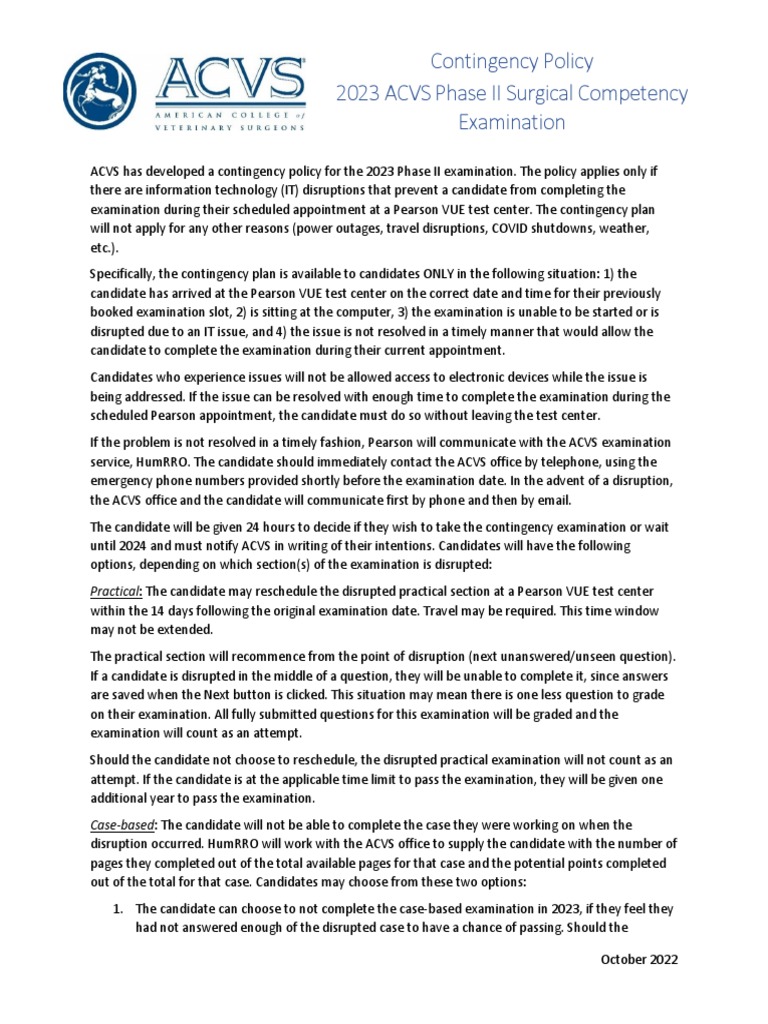 Contingency Policy 2023 ACVS Phase II Surgical Competency Examination