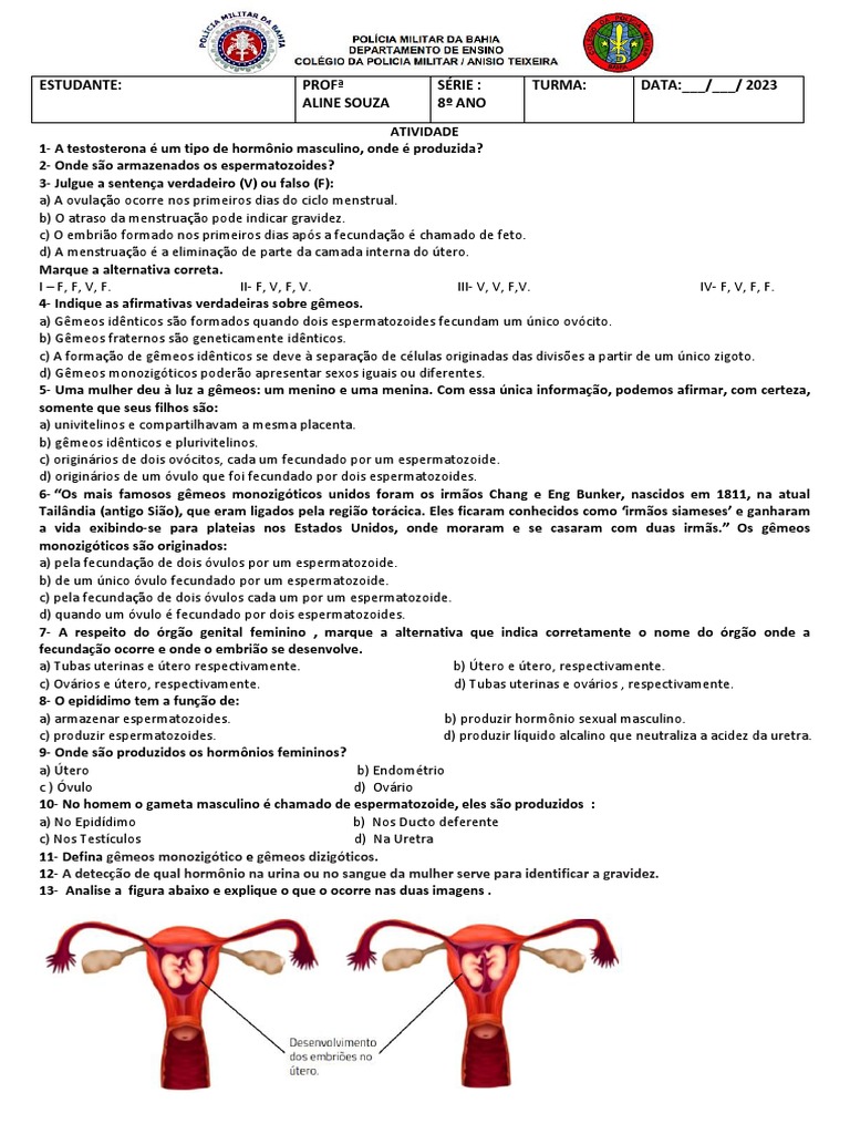 ATIVIDADE 8ANOS REproducao Humana | PDF | Gêmeo | Fertilização